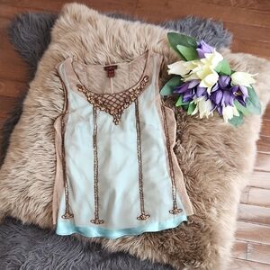 Danier Beaded Embroidery Sleeveless Lace Blouse - Aqua Blue and Tan